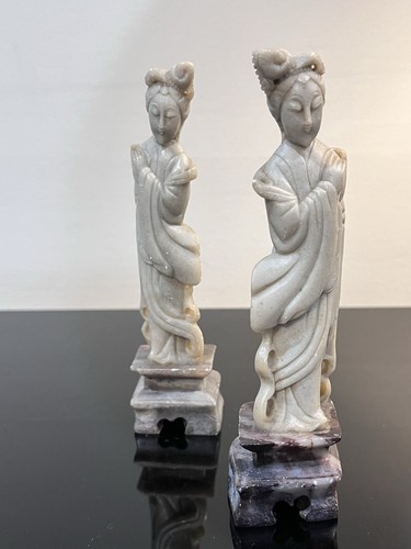 Vintage Chinese Soapstone Carvings Set Of 2 Women Figurines Asian Artisan - Picture 2 of 16