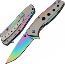 Spring-Assist Pocket Knife Stainless Steel Folding 3.25in Blade Rainbow EDC