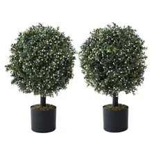 CAPHAUS Artificial Boxwood Topiary Ball Tree 2-ft w/ White Flower+Pot (Set of 2)