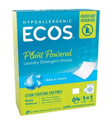 ECOS Laundry Detergent Sheets with Stain Fighting Enzymes, Free & Clear, 64 ct