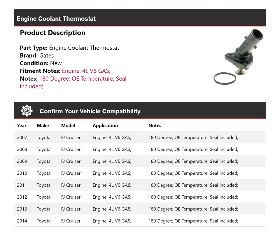 Para Toyota FJ Cruiser 2007-2014 4L V6 motor gas refrigerante termostato puertas 2008 Foto 2 de 4