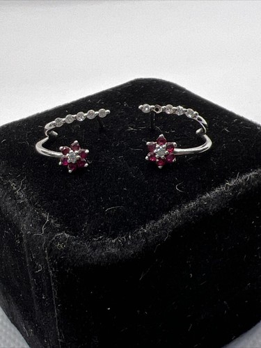BEAUTIFUL Solid 14K White Gold Created Ruby & Diamond FLOWER Earrings 1.4gr. - Picture 10 of 13