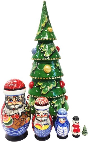 Handmade Wooden Hand Painted Russian Christmas Tree Nesting Dolls Set 13.5 Inch