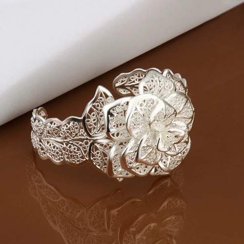 925 Sterling Silber große Blume offen Armreif Armband elegant einzigartig Armreif - Bild 22 von 24