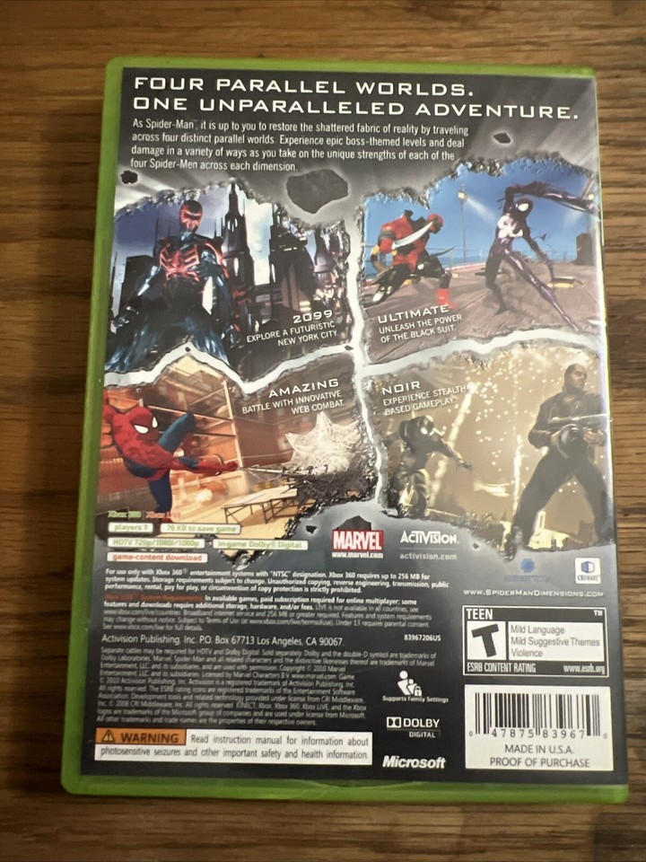 SpiderMan Shattered Dimensions (Microsoft Xbox 360, 2010) Complete W