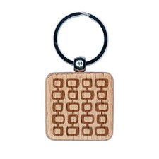 Retro Mid Century Square Pattern Engraved Wood Square Keychain Tag Charm