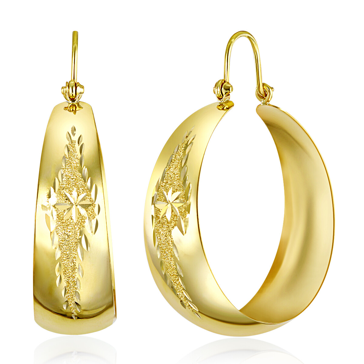 Wellingsale 14k Yellow Gold Etched Bangle Hoop Earrings (30mm Diameter)