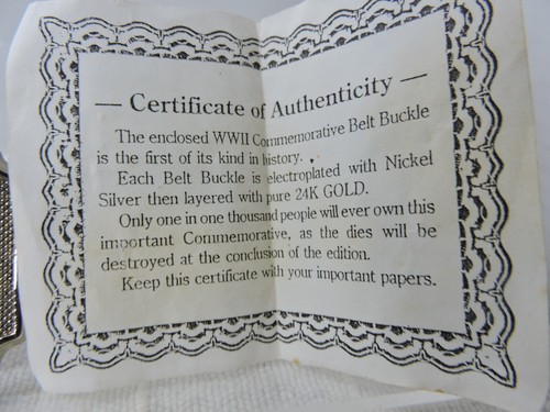 WWII Commemorative Belt Buckle Nickel silver with 24 K gold has COA - Picture 3 of 4