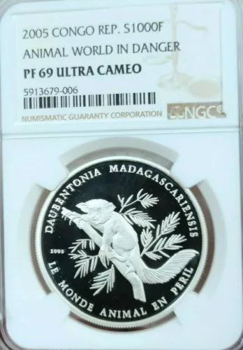 2005 CONGO REP SILVER 1000 FRANCS ANIMAL WORLD IN DANGER NGC PF 69 ULTRA CAMEO