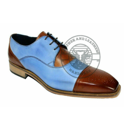 Two Tone Genuine Leather Blue Brown Brogue Cap Toe Handmade Lace Up Men's Shoes