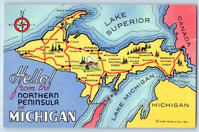 Postcard Hello From The Northern Peninsula Of Peninsula Map Scene c1940s Vintage