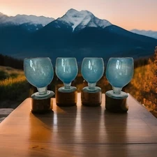 SET OF 4 Crate & Barrel Calypso Large Aqua Blue Blown Glass Goblets