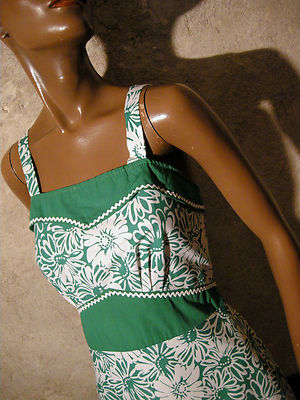 Robe Vintage Des Années 70 En Coton - Vert Et Blanc - Taille 36/38 - Vraie Pièce Ancienne (True Vintage)