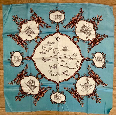 Vintage Malteser Inseln Satin Schal Malta Gozo Comino blau Wahrzeichen gebraucht