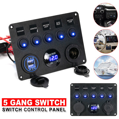 5 Gang LED Light Switch Control Panel Button Voltmeter USB Charger Car Yacht 12V