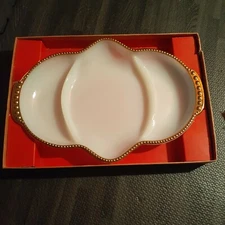 50's Anchor Hocking Gold  Milk Glass Relish Dish tray divided plate vintage 