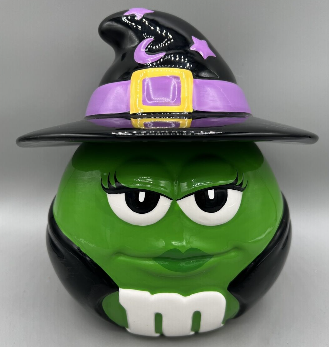 VINTAGE 2002 Galerie Green M&M Witch Halloween Ceramic Candy Jar