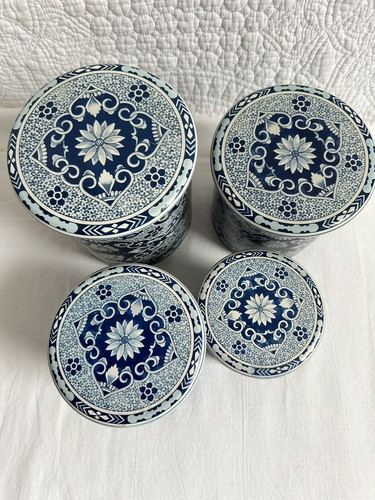 Vintage Delft Holland Blue Metal Set Of 4 Nesting Cannister Set Ornate Floral