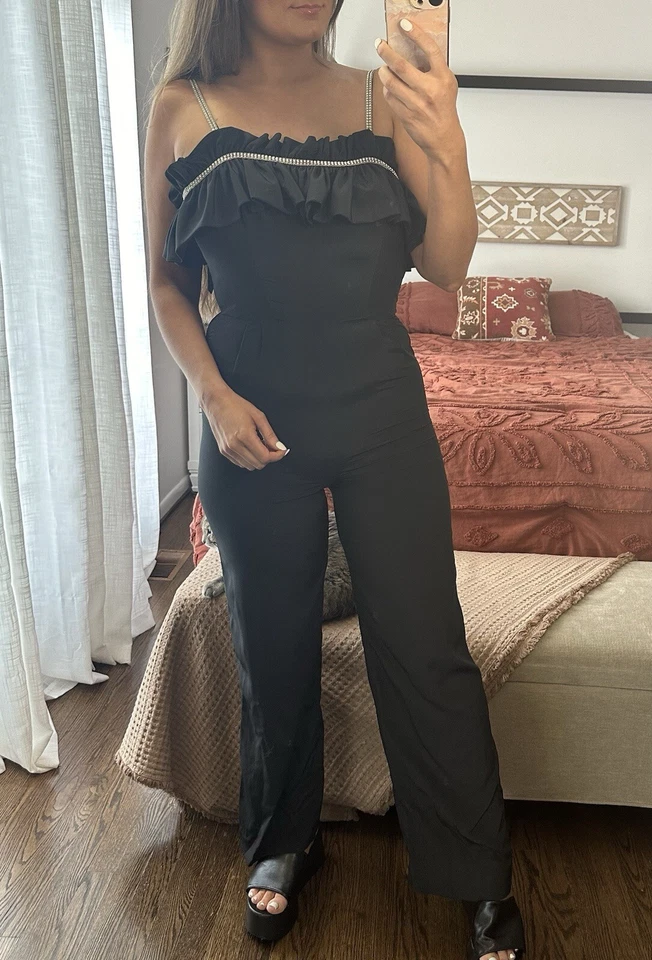 Vintage Lilli Diamond Of California Size 8 Black Rhinestone Jumpsuit Ruffles - Image 2 of 4
