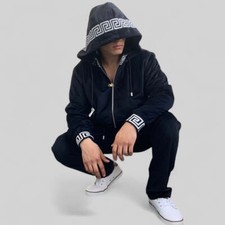 Men's Manzini Black  White Velvet Hooded Casual Tracksuits Outfits Sets NWT