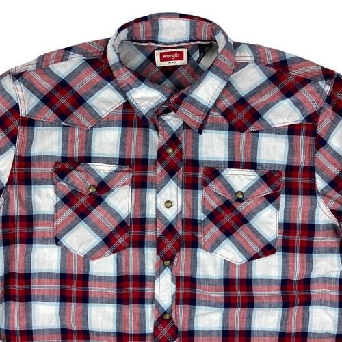 Wrangler Men's XL Plaid Shirt Pearl Snap Retro Western Red L/S Cotton Spandex - Picture 2 of 15