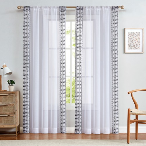 2 Panels Semi Sheer Window Curtain Geometric Embroidered Drape for Bedroom - 第 4/38 張圖片