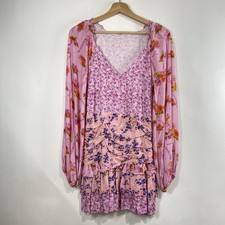 70/21 Womens Pink Floral Ruched Ruffle V Neck Balloon Sleeve Mini Dress Size S