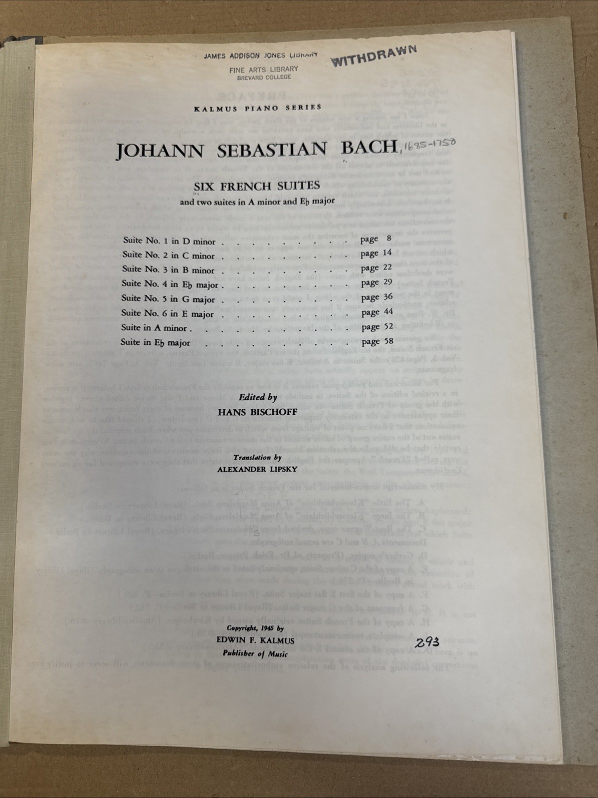 Bach Sei Suite Francesi Ex-Biblioteca Legato Piano Solos Bischoff