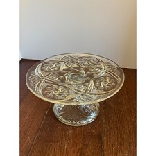 Vintage Clear Pressed Glass Pedestal Cake Stand Pinwheel Starburst Pattern 9in