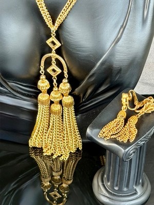 Vintage TRIFARI Gold Tone Tassel Necklace & Clip Earrings Set Statement Jewelry