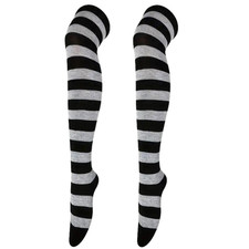 Striped Patterned Socks Thigh High Light Gray and Black