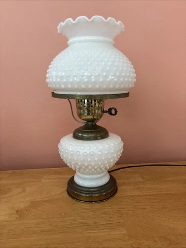 Vintage Hobnail White Milk Glass 3 Way Switch Electric Hurricane Table Lamp