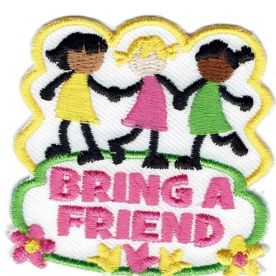 Girl  BRING A FRIEND Fun Patches Crests Badges SCOUT GUIDE recruiting joining