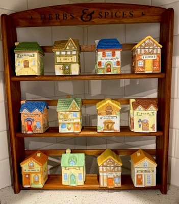 RSVP International 1994 Vintage House Ceramic Spice Jar Set 12 Jars Wooden Rack