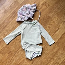 Cat  Jack Girls Long-Sleeve Mint Stripe Rash Guard Swimsuit  Hat Summer Sz 12M