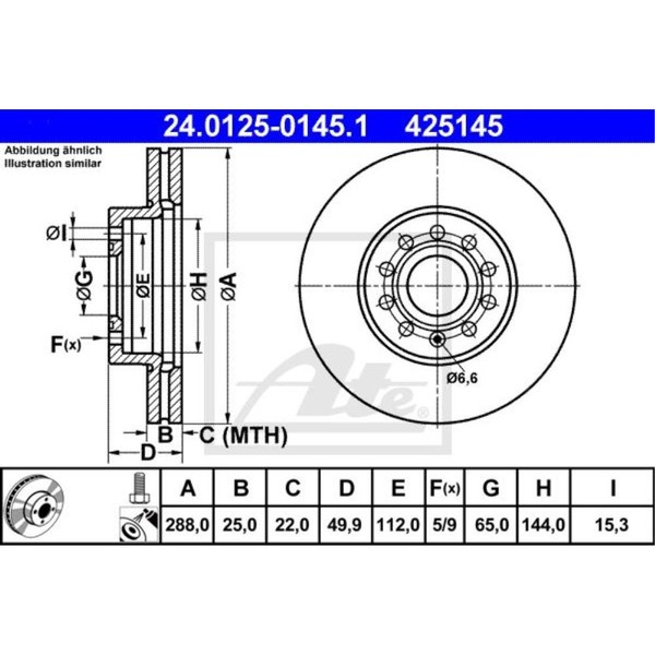 ATE 2X Bremsscheibe Vorne Ø288 Mm BelüFtet FüR VW Golf V 1K1 1.4 16V 1.6 Touran-image