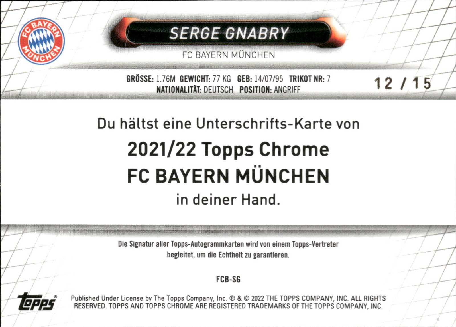 2021-22 Topps Chrome FC Bayern Munchen Serge Gnabry Black Refractor Auto /15 view 2