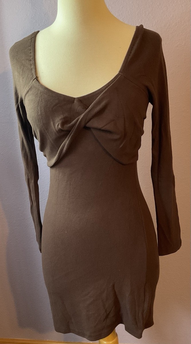 Chocolate Brown Twist Front Bodycon Ribknit Long Sleeve Dress Medium New |  eBay