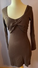 Chocolate Brown Twist Front Bodycon Ribknit Long Sleeve Dress Small NEW