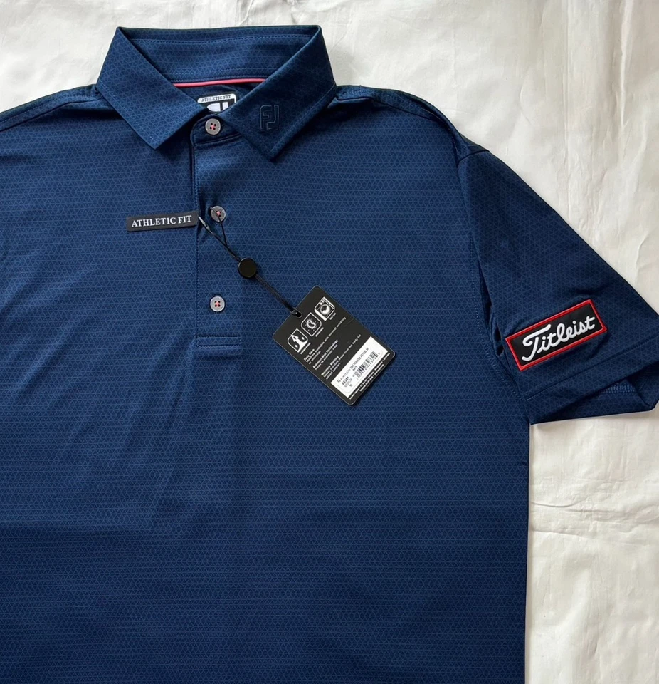 Camisa polo de golf Footjoy para hombre estampado triángulo azul marino parche en el brazo talla M Foto 4 de 4