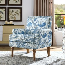 Blue White Floral Accent Chair With Nailhead Trim Wood Legs