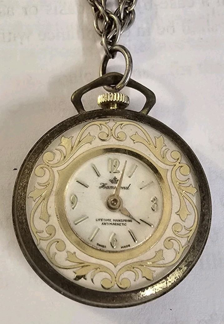 Vintage Hammond Swiss Pendant Watch Working Gold Scroll Design w/ Chain WORKS