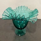 Blenko Glass Ruffled Emerald Green Vase #388 Compote 1950s MCM 8"x 9.25"