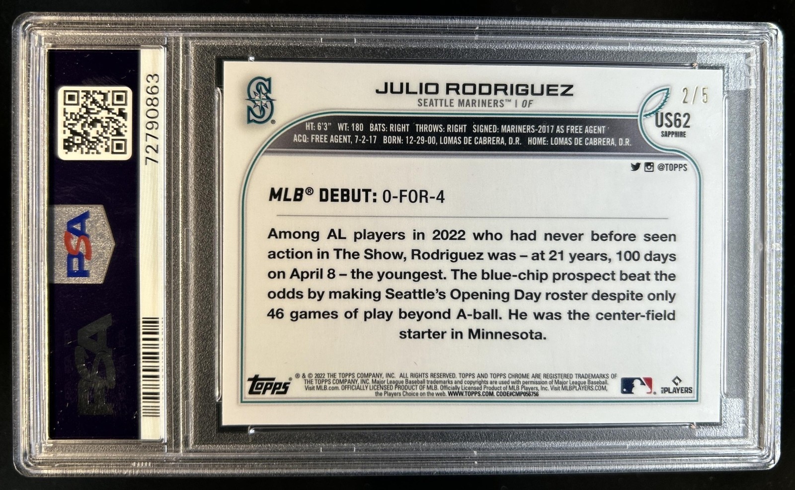 2022 Topps Chrome Update Sapphire Julio Rodriguez RC Red #/5 Mariners PSA 9 view 2