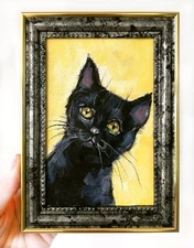 Original Oil Painting Black Cat Framed Animal Portrait Signed Custom Artwork
