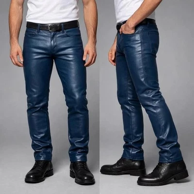 Nouveau pantalon en cuir bleu foncé premium pour hommes | Pantalon en cuir... - Photo 1/4