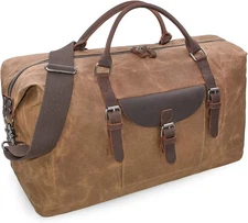 Oversized Travel Duffel Bag Waterproof Canvas Genuine Leather Weekend Bag Brown
