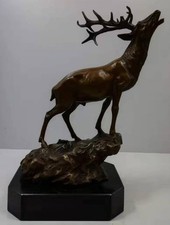 Bronze Sculpture of a Stag / Elk Calling - Solid Marble Base - Signed - H 37cm
