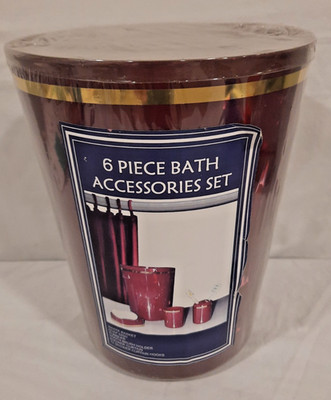 NEW 6 PC BATH ACCESSORIES SET BASKET, SOAP DISH, TUMBLER SHOWER CURTAIN W/ HOOKS