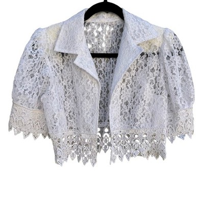 Vintage White Floral Lace Cropped Bolero Jacket Shrug Scalloped Trim Womens 12